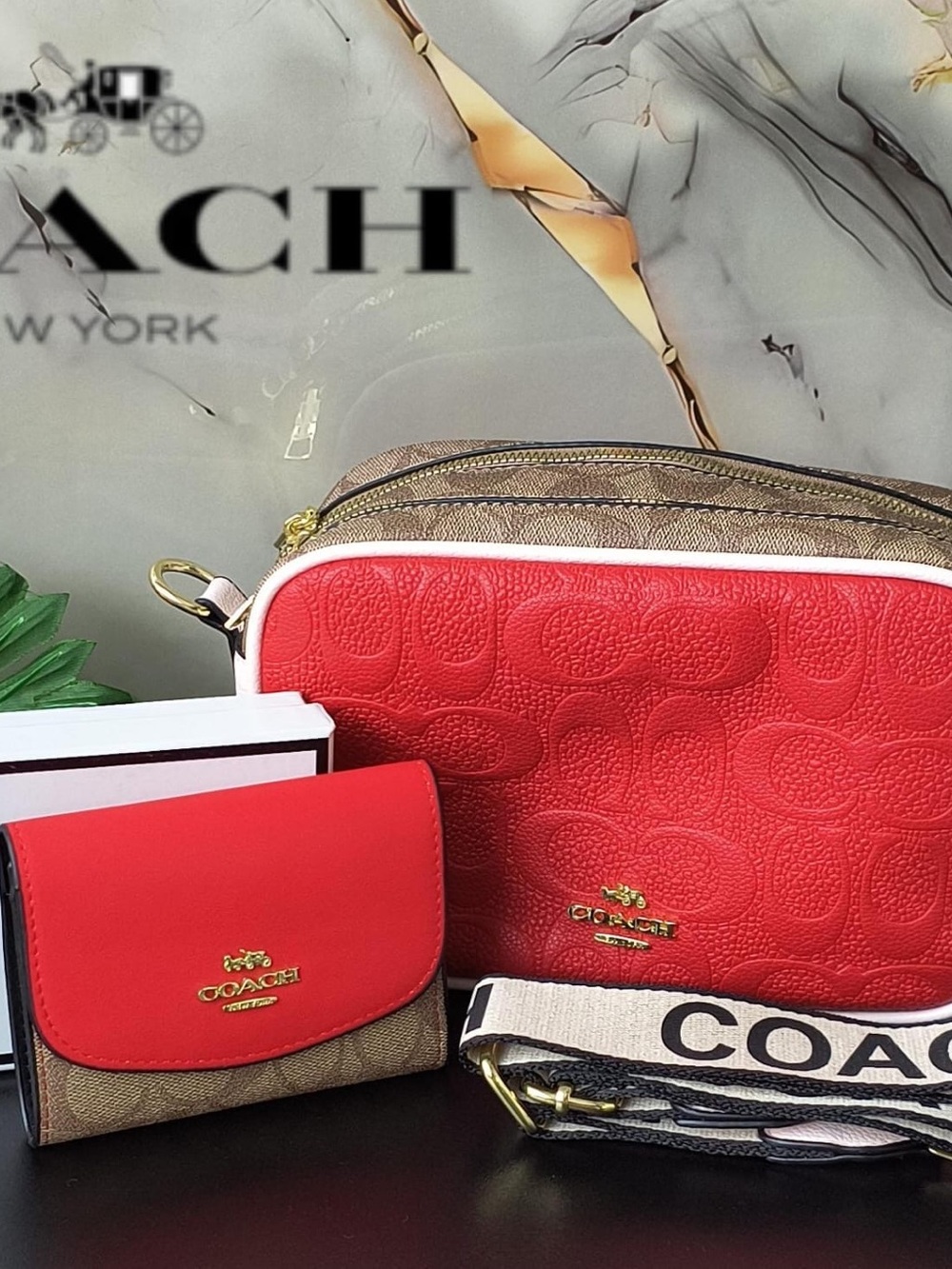 Coach Red Leather Signature Crossbody with Matching Red Wallet
